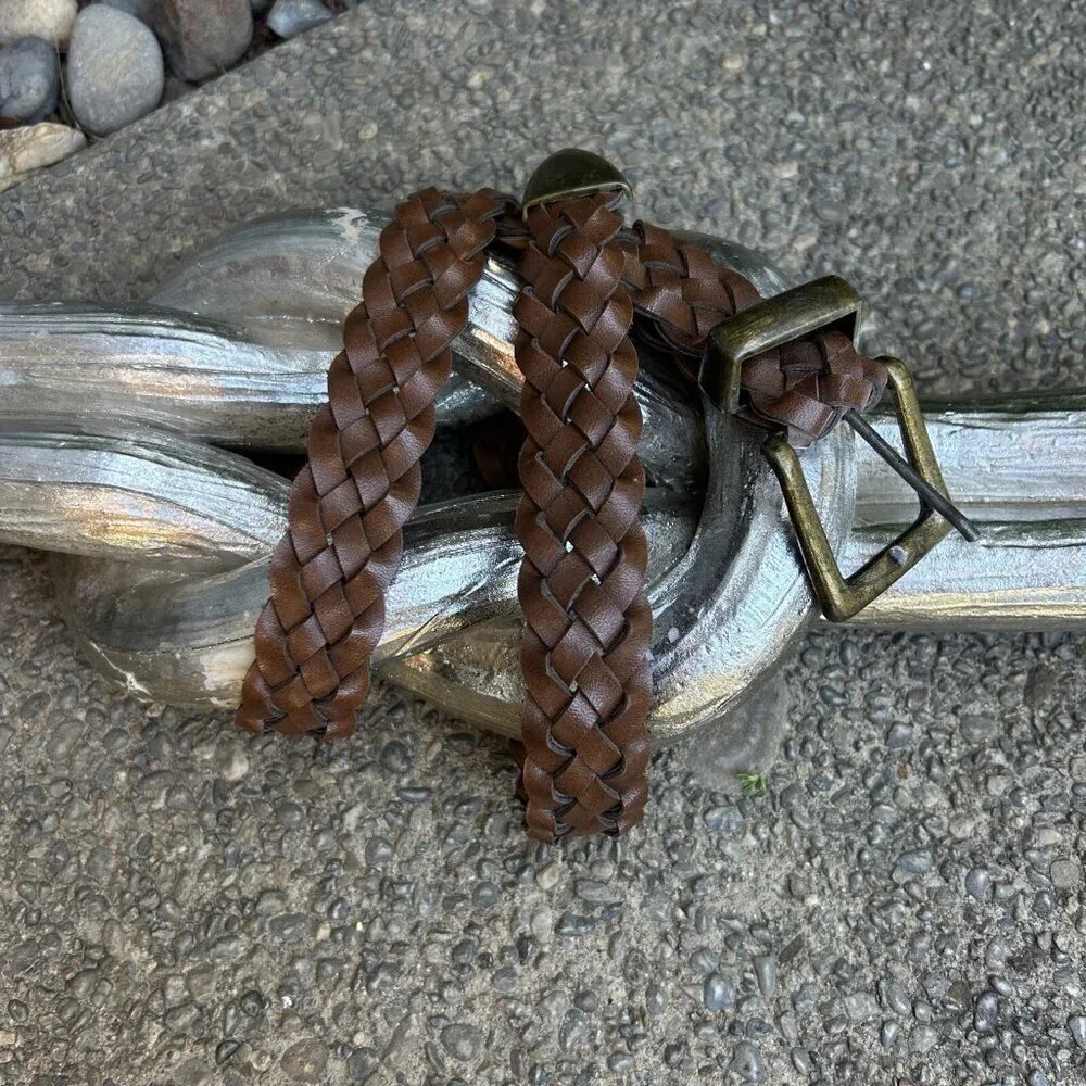 Vintage Festival Boho Brown Woven Braided Belt Brass Buckle
